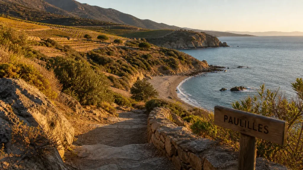 Crique de paulilles avec sentier côtier et mer Méditerranée au coucher du soleil