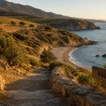 Crique de paulilles avec sentier côtier et mer Méditerranée au coucher du soleil