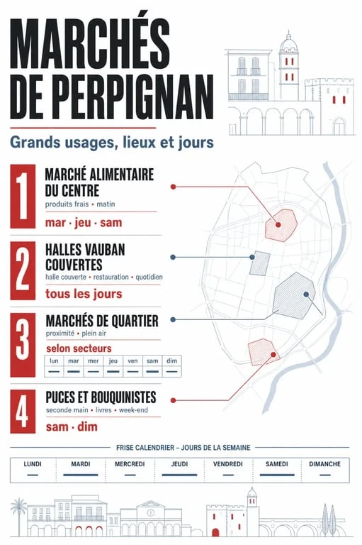 Marchés Perpignan : aperçu visuel des principaux marchés, horaires et types
