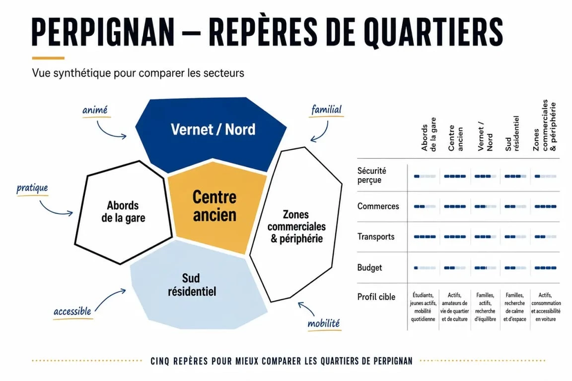 Quartier perpignan : synthèse visuelle des principaux secteurs de Perpignan et de leurs critères de choix