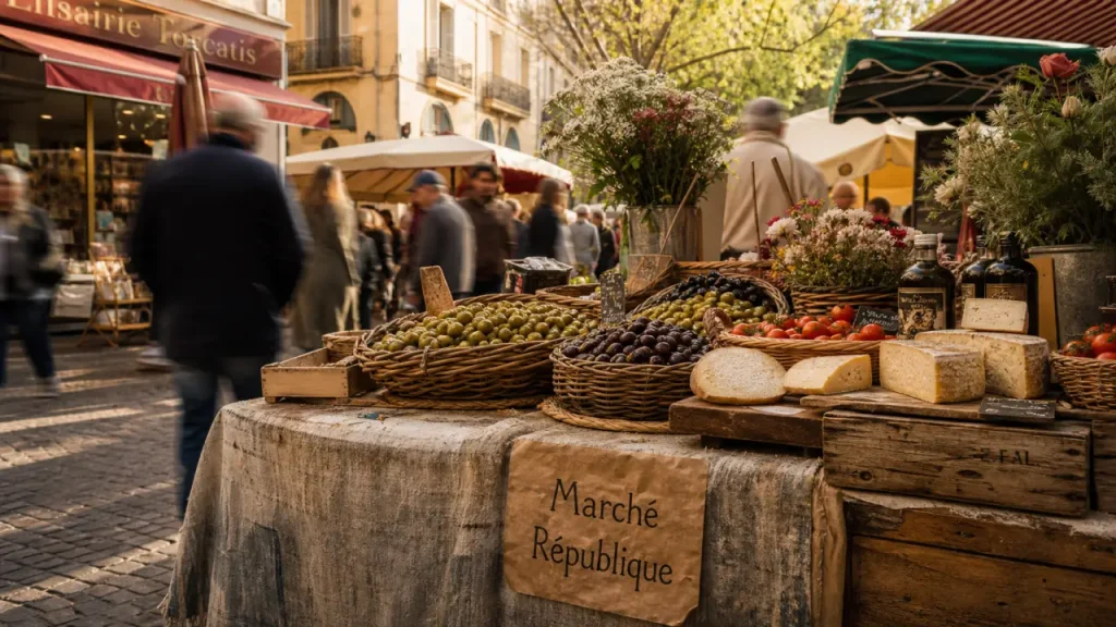 Marchés Perpignan : étal en centre historique, ambiance marché extérieur