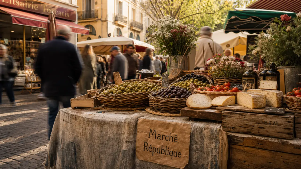 Marchés Perpignan : étal en centre historique, ambiance marché extérieur