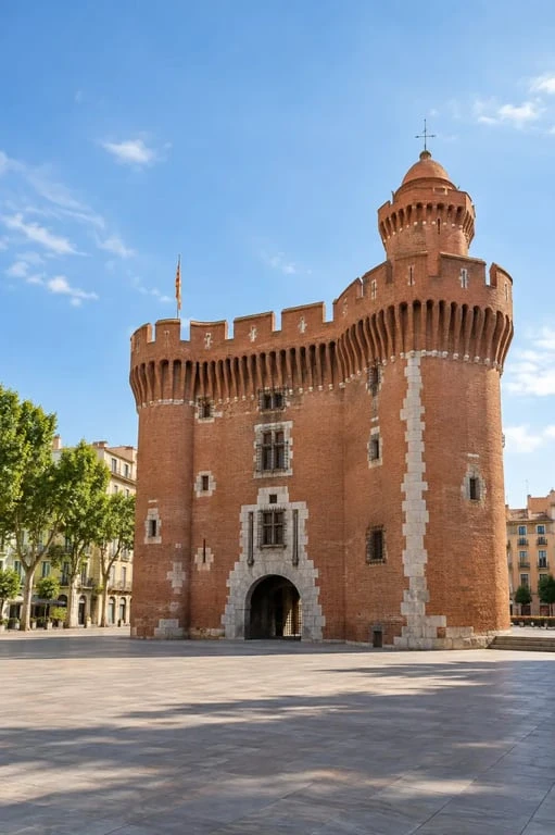 Visiter le Castillet de Perpignan : façade en briques rouges sur la place de Verdun