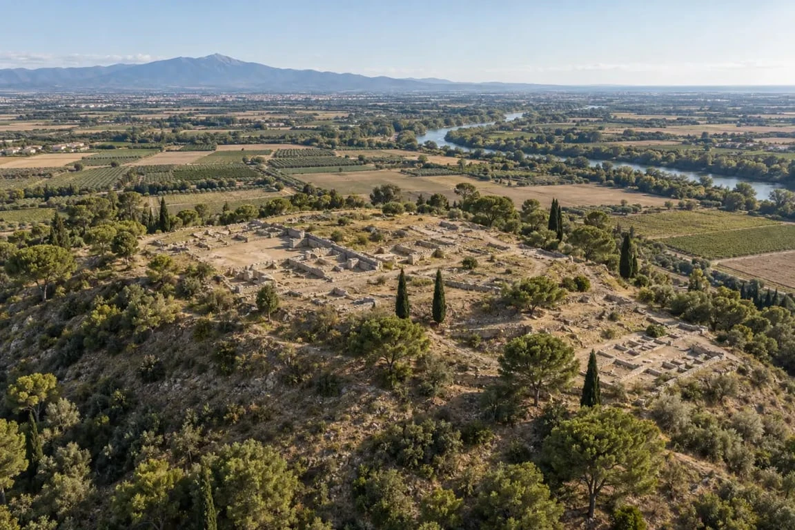 Vue d'ensemble de Château-Roussillon Perpignan et du site archéologique de Ruscino