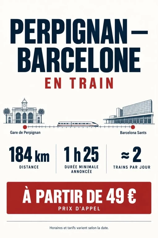 Infographie du train Perpignan-Barcelone avec durée, distance, prix et gares