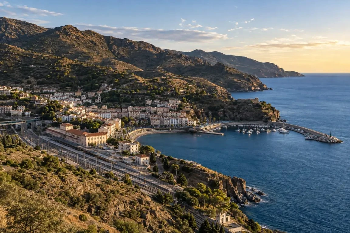 Vue panoramique de Portbou avec le port, la baie méditerranéenne et les reliefs côtiers