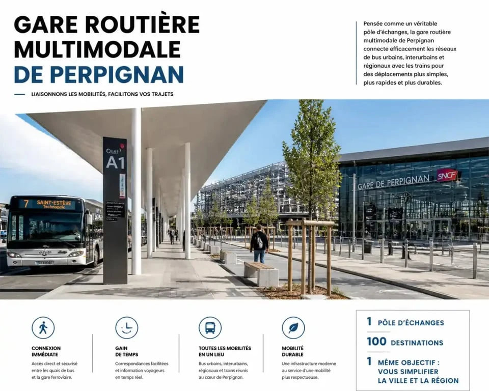 Gare routière multimodale de Perpignan, point de départ des bus liO et BlaBlaBus.