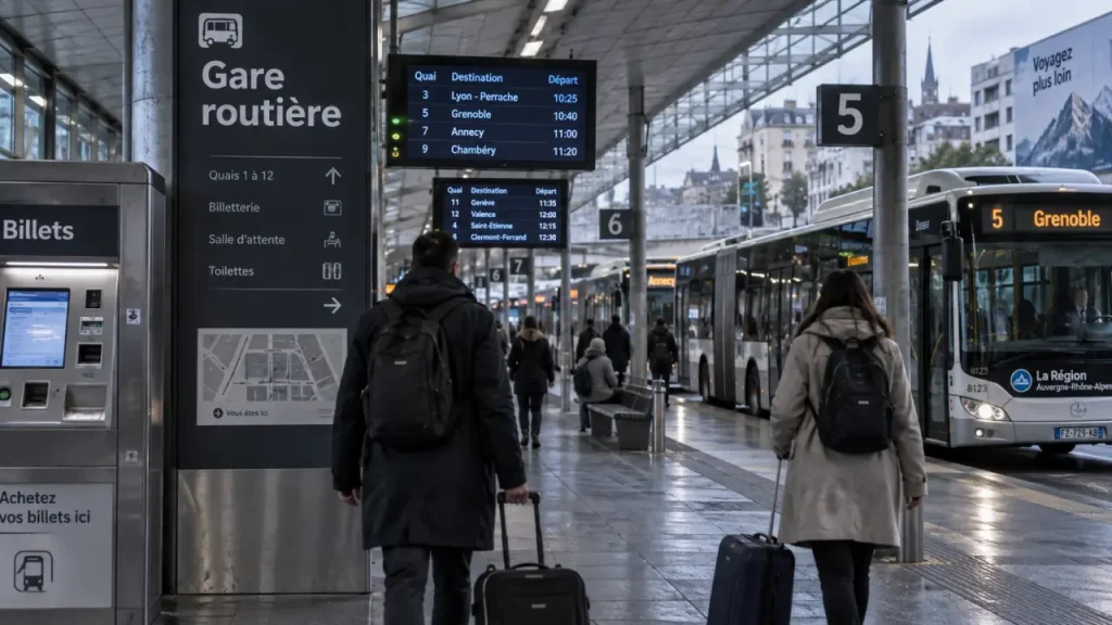 Gare routière multimodale de Perpignan avec bus et voyageurs