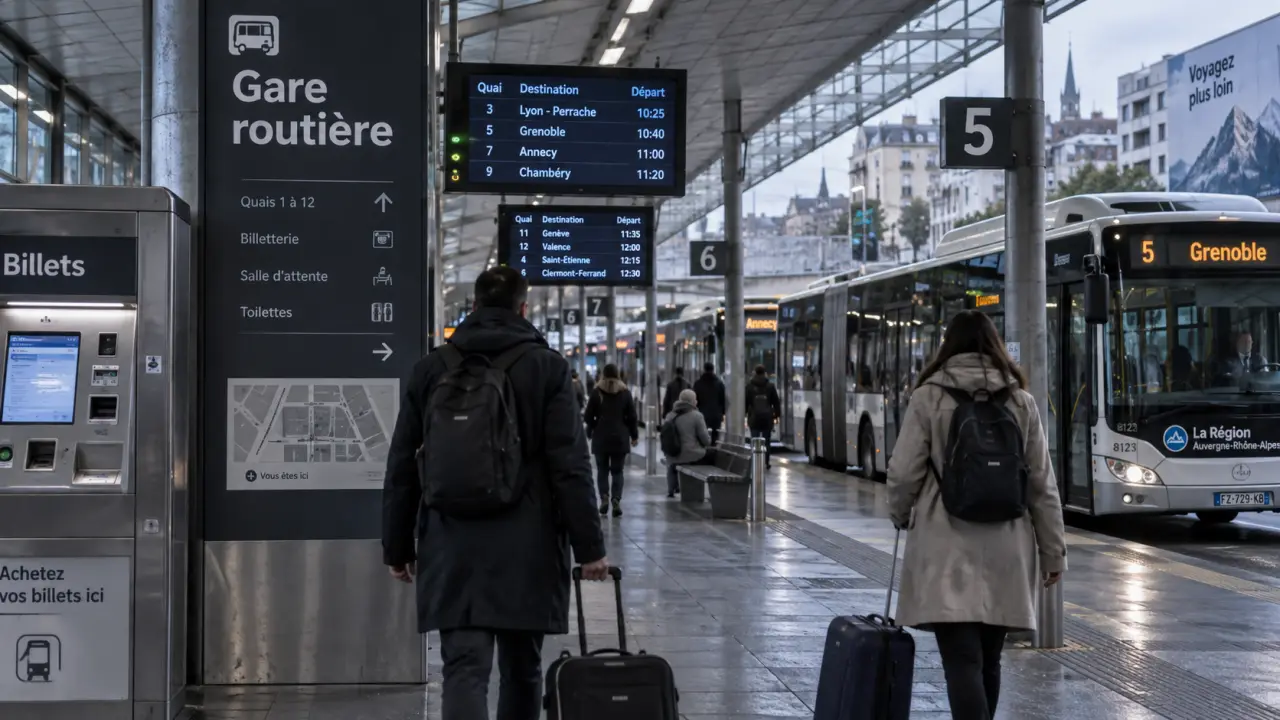 Gare routière multimodale de Perpignan avec bus et voyageurs