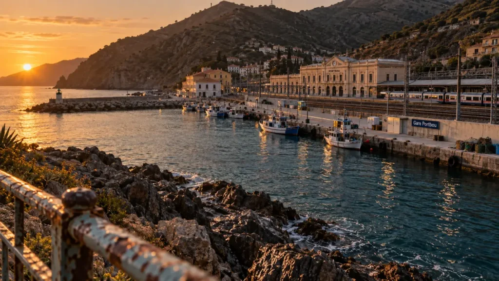 Portbou : gare internationale et baie méditerranéenne au coucher du soleil