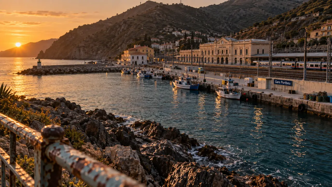 Portbou : gare internationale et baie méditerranéenne au coucher du soleil