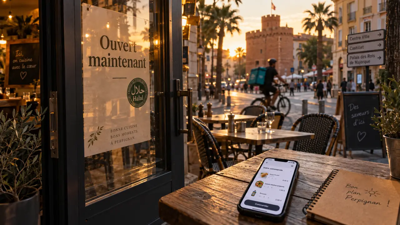 Restaurant halal à Perpignan, ouvert : affiche « ouvert maintenant »