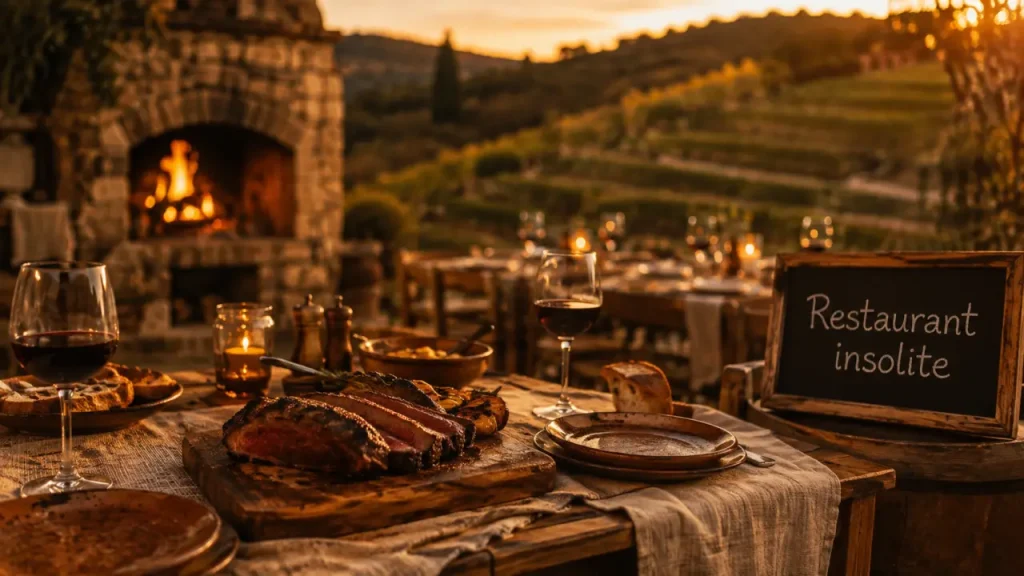 Restaurant insolite perpignan : table dressée et grillade au feu de bois