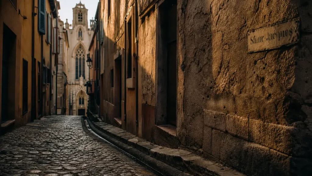 st jacques perpignan : ruelle médiévale et église Saint-Jacques