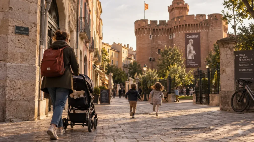 Visiter Perpignan en famille : parent et enfants près du Castillet